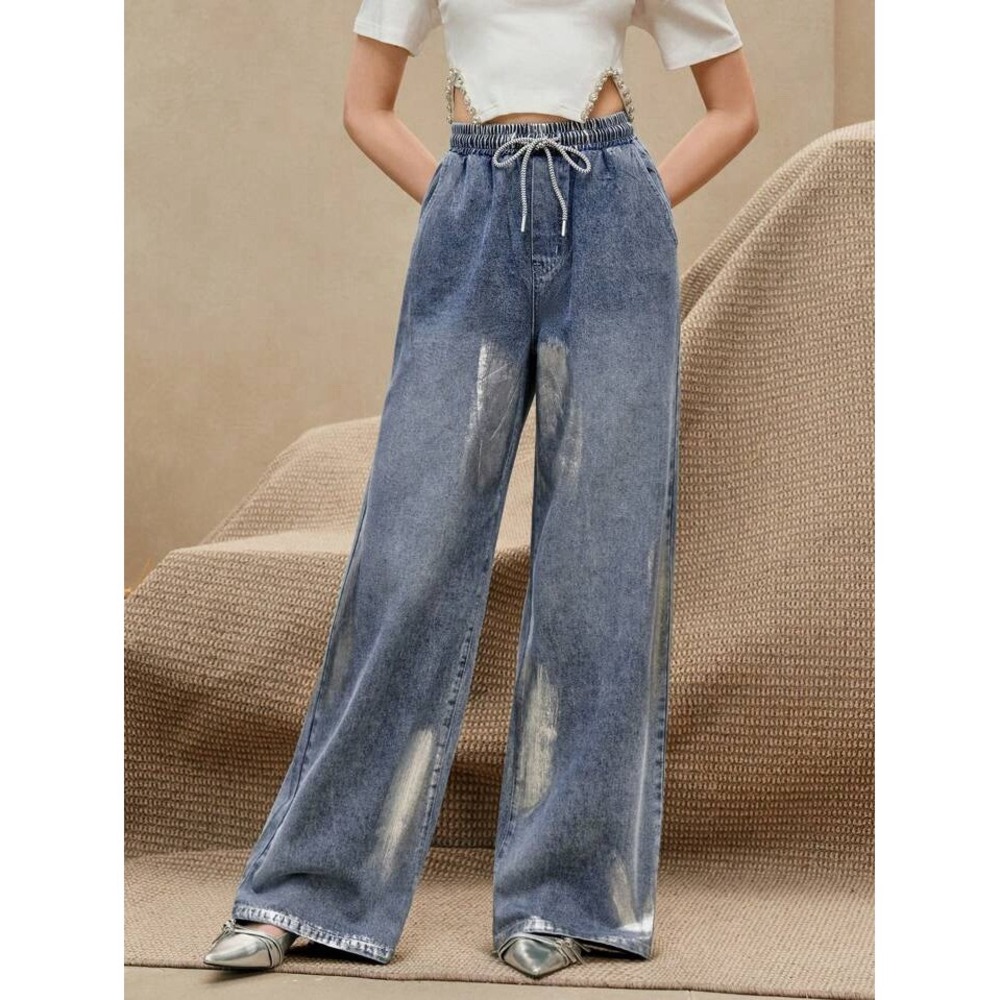 *NWT* Anewsta Silver Foil Embossed Vintage Loose Wide-Leg Jeans - Women's SMALL